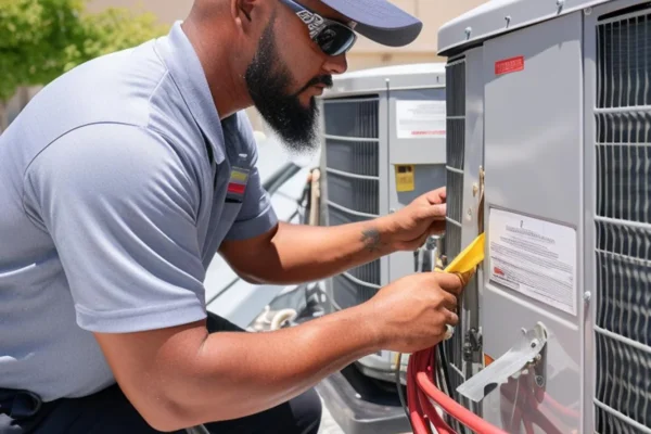 Professional AC Technician in Riyadh repairing and maintaining an air conditioning unit